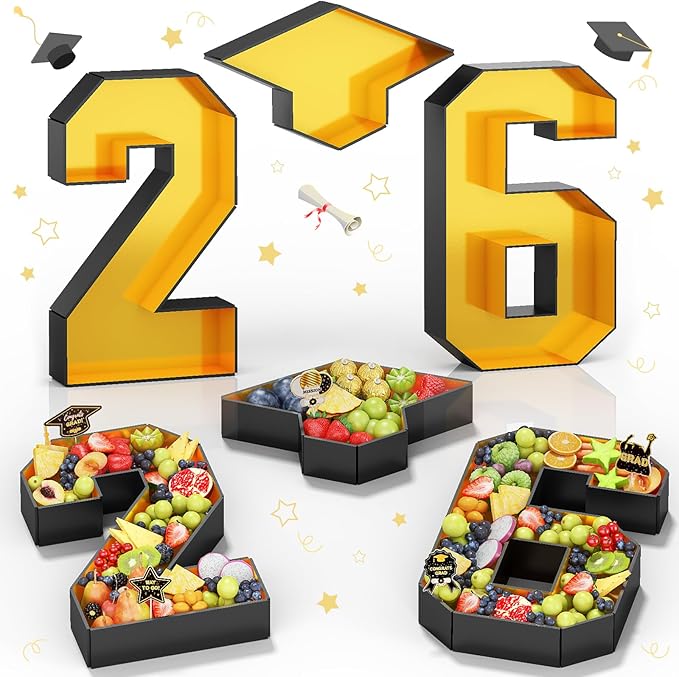 26 Fillable Number for Charcuterie with Grad Cap Shaped Cardboard Tray Black Gold 2026 Graduation Party Table Decorations 13.8'' Pre-cut Board Storage Decorative Paper Mache Box College Grad