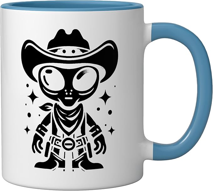 Alien Lover Flying Saucer UFO Extraterrestrial Cowboy Ceramic Mug, Blue/White