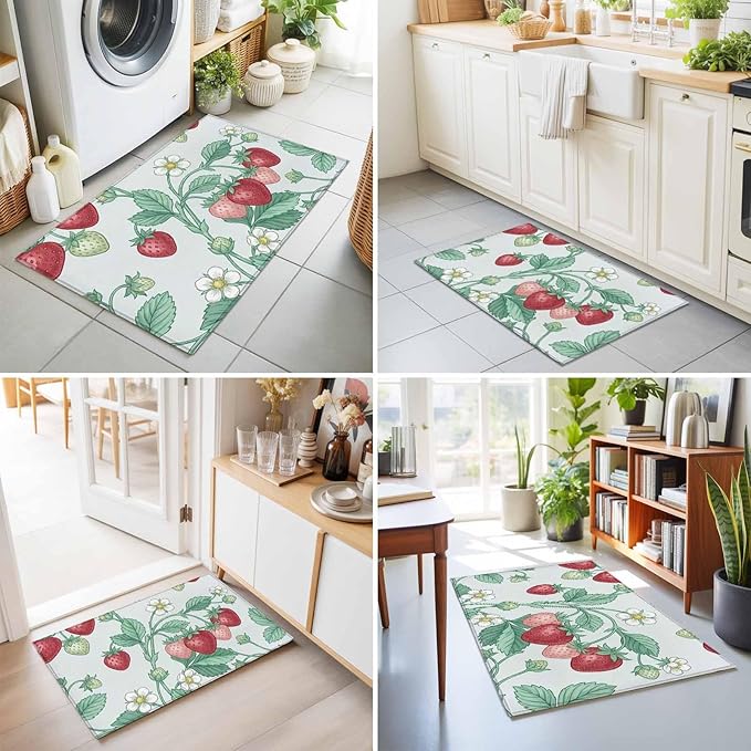 Area Rug 2x3ft, Strawberries White Flowers Washable Rugs for Living Room Bedroom, Rustic Garden Botanical Soft Non-Slip Area Rugs Rectangle Floor Carpet for Dining Room