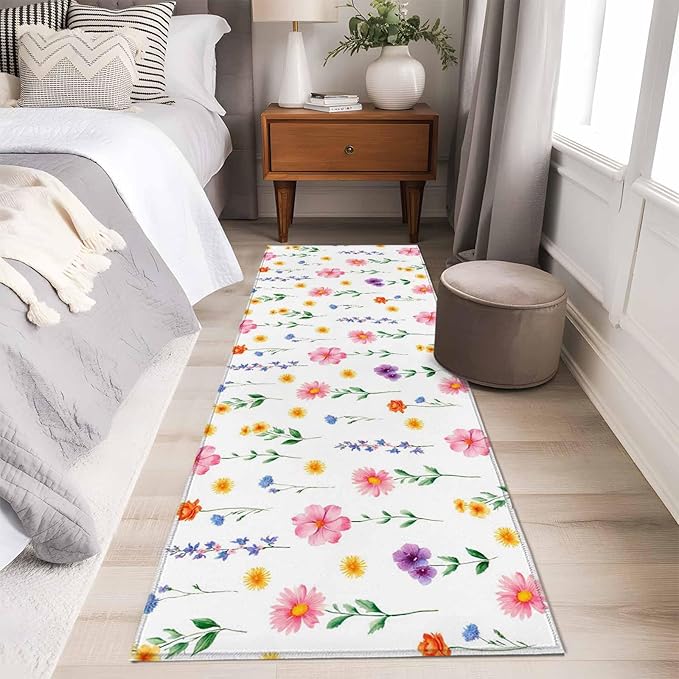 Runner Rug for Bedroom Hallway, Watercolor Farmhouse Flower Kitchen Runner Rugs Area Rug 2x6ft, Yellow Pink Purple Blue Floral Washable Soft Floor Carpet for Entryway Stair