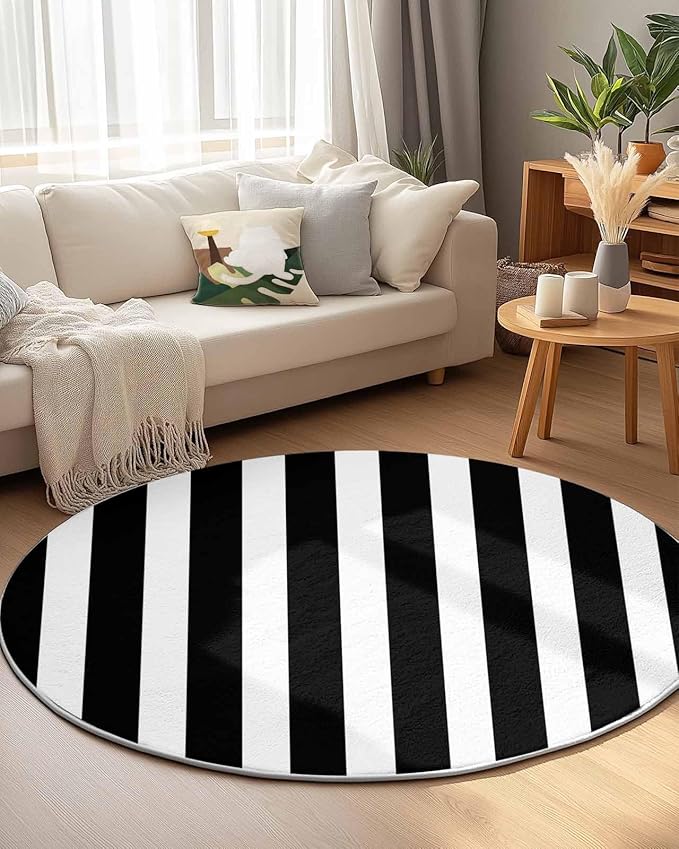 Round Area Rug,Black and White Stripe Circle Living Room Rug Non-Slip Rugs Indoor Carpet,Geometric Modern Minimalist Art Soft Comfort Rugs for Bedroom KidsRoom Nursery