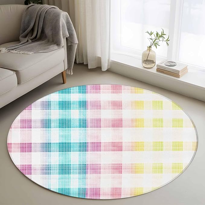 Washable Round Area Rug Easter Red Yellow Blue Stripes Circle Rugs Floor Carpet for Living Room Bedroom, Abstract Buffalo Plaid Soft Non Slip Round Rug 3ft