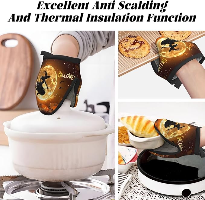 1 Pcs Mini Silicone Oven Mitts Happy Halloween Night Heat Resistant Grill Gloves with Hanging Loop, Witch Pumpkins Little Kitchen Mittens for Cooking Baking BBQ