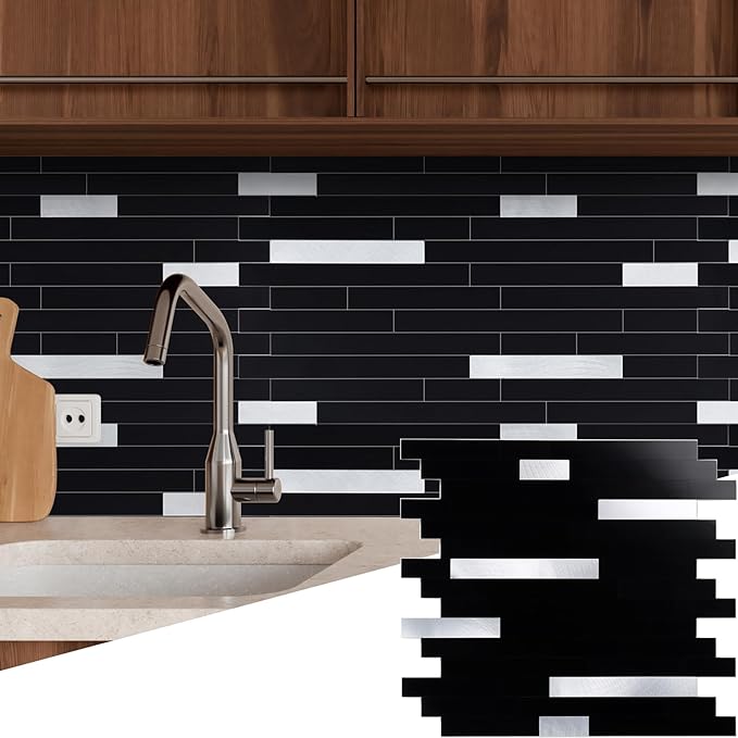 Yipscazo 10 Sheets Peel and Stick Stone Metal Tile Backsplash, Stick on Tiles for Backsplash Kitchen, Bathroom, Laundry Room, Camper, Fireplace (12'' X 12'', Polished Pure Black)