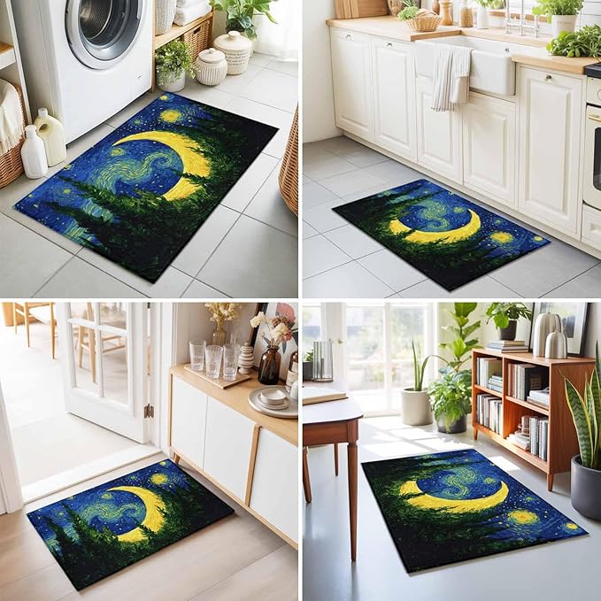 Area Rug 2x3ft, Giant Moon Forest Expressionist Art Washable Rugs for Living Room Bedroom, Dreamy Night Navy Blue Soft Non-Slip Area Rugs Rectangle Floor Carpet for Dining Room
