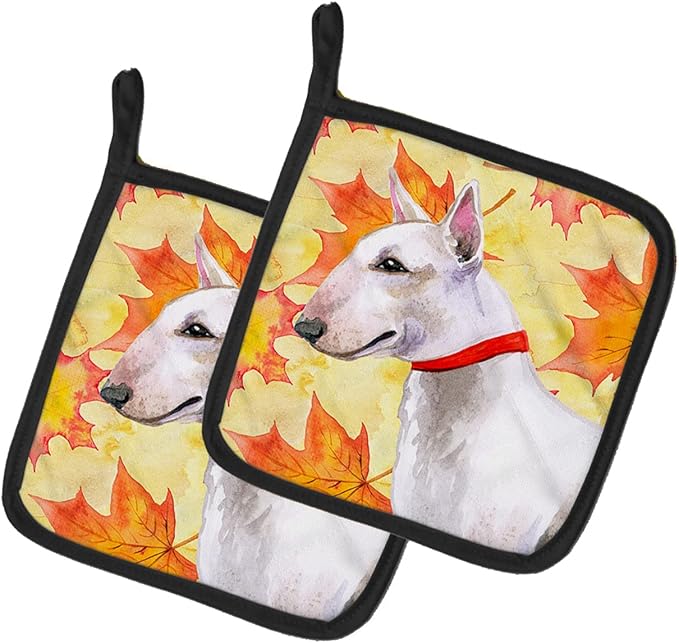 Caroline's Treasures BB9954PTHD Bull Terrier Fall Pair of Pot Holders, Yellow Kitchen Heat Resistant Pot Holders Sets Oven Hot Pads for Cooking Baking BBQ, 7 1/2 x 7 1/2
