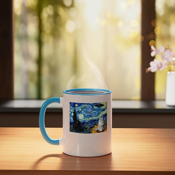 Cosmic Cat on Sunflower Space UFO Night for Men Women Ceramic Mug, Blue/White