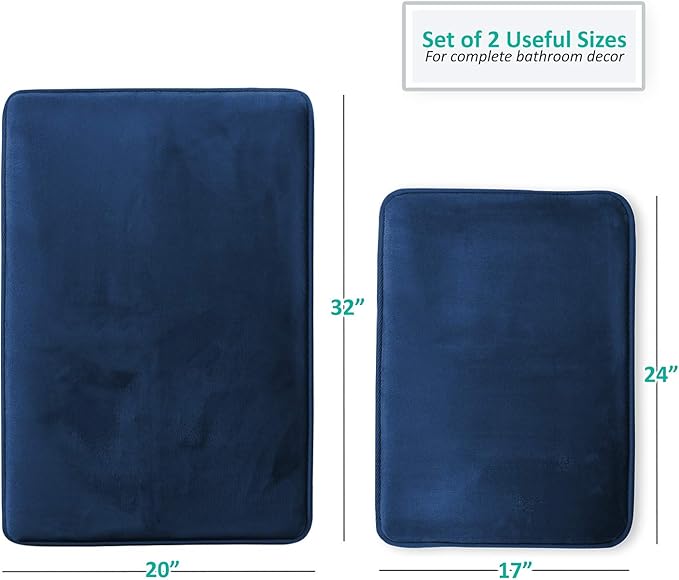 Clara Clark 2 Piece Bathroom Rugs Bath Mat Set, Velvet Memory Foam Bath Mats for Bathroom - Non-Slip, PVC Backing Bath Rugs, Washable - Dries Quickly, Blue