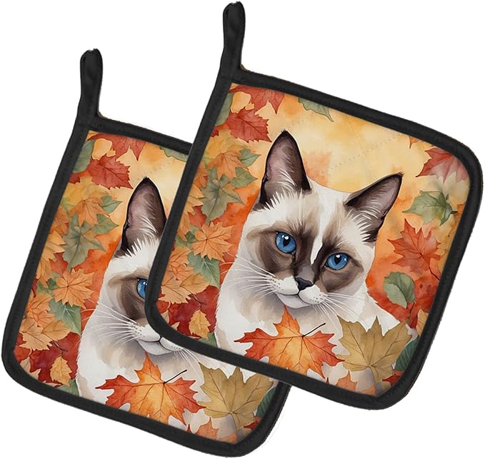 Caroline's Treasures Snowshoe Cat in Fall Leaves Pair of Pot Holders Kitchen Heat Resistant Pot Holders Sets Oven Hot Pads for Cooking Baking BBQ, 7 1/2 x 7 1/2
