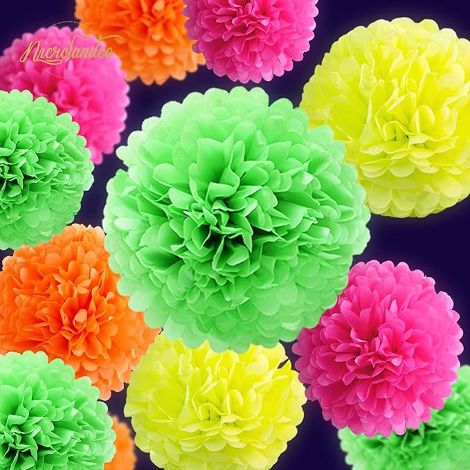 NICROLANDEE Blacklight Party Decorations - 15 PCS Fluorescent Neon Tissue Paper Pom Poms & Paper Garlands for Birthday, Wedding, Baby Shower, Glow-in-The-Dark Party, Neon Prom Dance Party Photography