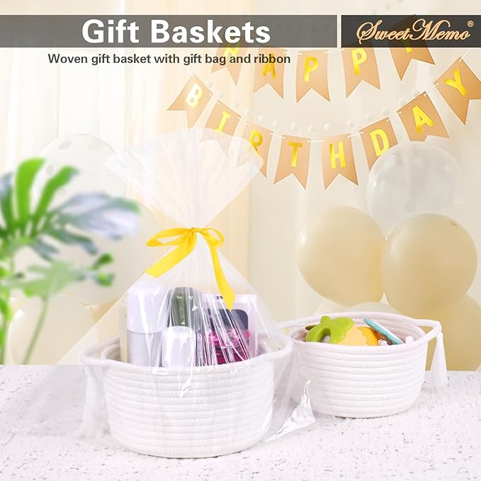 Small White Gift Basket Empty to Fill – SweetMemo Cute Decorative Woven Baskets with cellophane wrap for Kids, Baby Shower, Desk, Bathroom, Holiday Gifting – Mini Decor Cotton Rope Bin with Handles