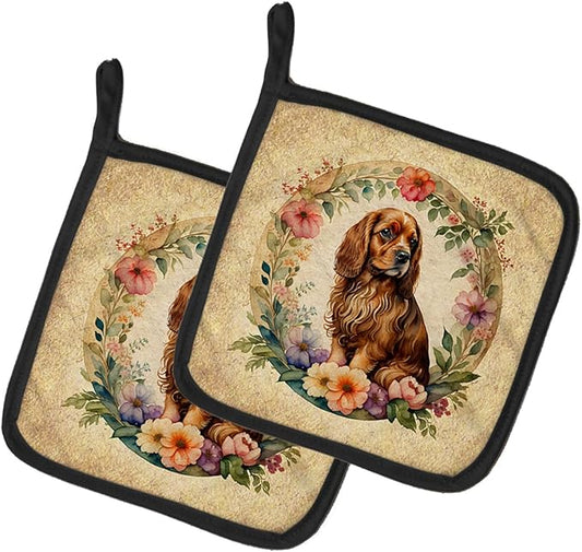 Caroline's Treasures Sussex Spaniel and Flowers Pair of Pot Holders Kitchen Heat Resistant Pot Holders Sets Oven Hot Pads for Cooking Baking BBQ, 7 1/2 x 7 1/2