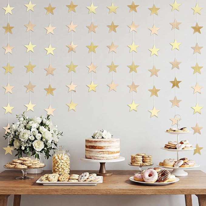 Patelai 78 Feet Glitter Star Garland Banner 2026 Party Decoration Double Side Star Hanging String Streamer Paper Twinkle for Graduation Wedding Birthday (Gold,Champagne Gold)