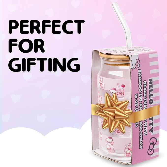Silver Buffalo Sanrio Hello Kitty Strawberry Milk Pink Glass Jar Tumbler with Bamboo Lid and Glass Straw, 16 Ounces