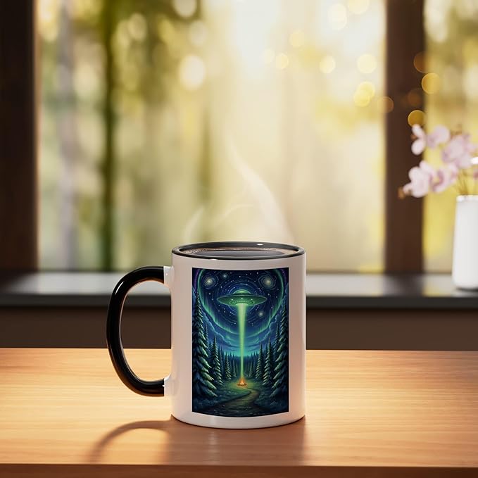 UFO in Forest Campfire Nature Camping Flying Saucer UAP Ceramic Mug, Black/White