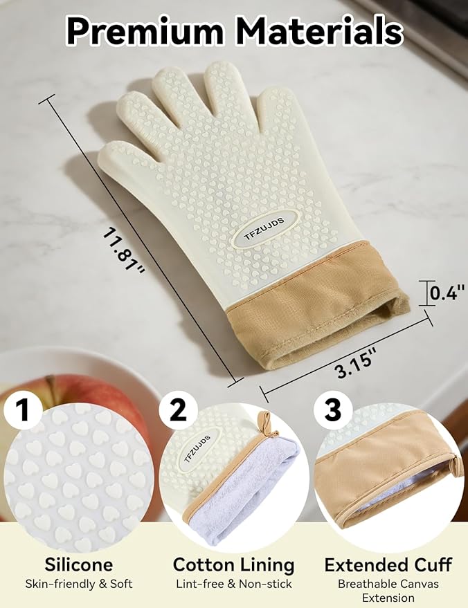 Silicone Oven Mitts with Five-Finger Design, Extended Cuff & Soft Cotton Lining – Heat Resistant, Waterproof, Non-Slip Oven Gloves for Baking, Cooking, Grilling, Safe Grip on Hot Cookware - White