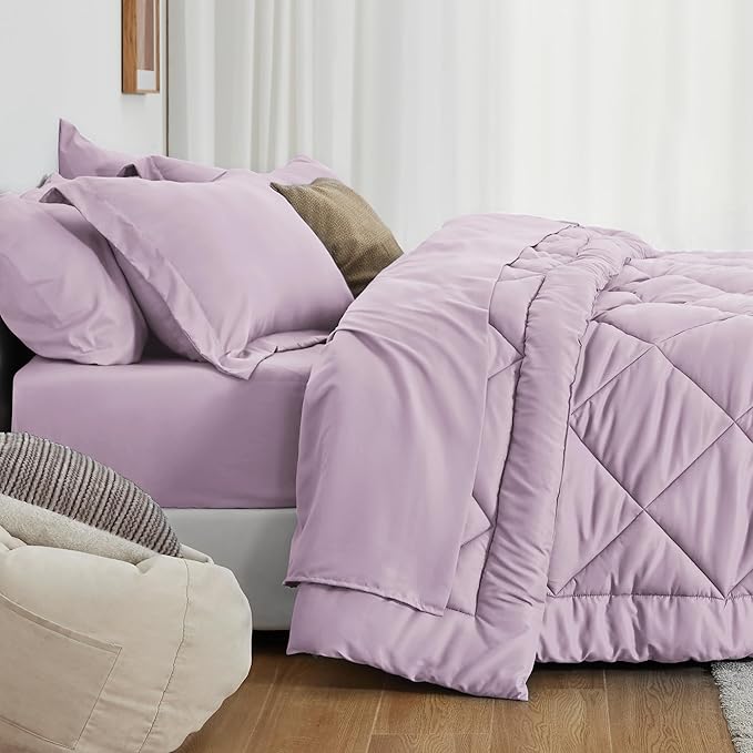 Love's cabin Twin XL Comforter Set Light Purple, 5 Pieces Twin XL Bed in a Bag, All Season Bedding Sets with 1 Comforter, 1 Flat Sheet, 1 Fitted Sheet, 1 Pillowcase and 1 Pillow Sham | Soft, Breathable, Lightweight, Comfortable
