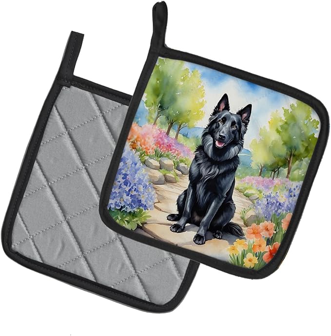 Caroline's Treasures Belgian Sheepdog Spring Path Pair of Pot Holders Kitchen Heat Resistant Pot Holders Sets Oven Hot Pads for Cooking Baking BBQ, 7 1/2 x 7 1/2