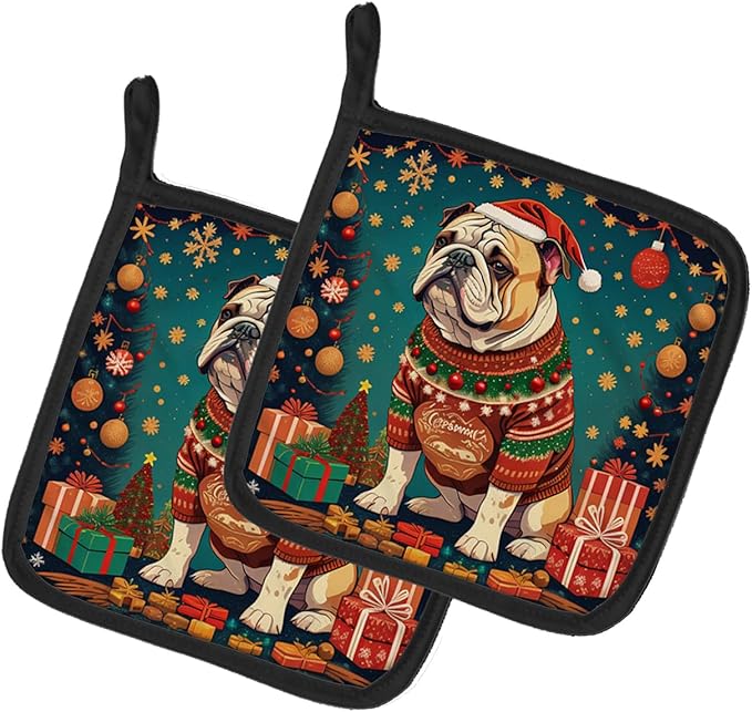 Caroline's Treasures English Bulldog Christmas Pair of Pot Holders Kitchen Heat Resistant Pot Holders Sets Oven Hot Pads for Cooking Baking BBQ, 7 1/2 x 7 1/2