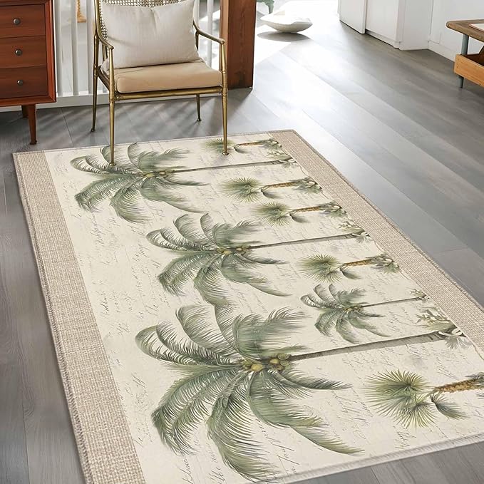 Area Rug 4x6ft, Coastal Tropical Olive Green Palm Trees Washable Rugs for Living Room Bedroom, Classic Retro Linen Soft Non-Slip Area Rugs Rectangle Floor Carpet for Dining Room