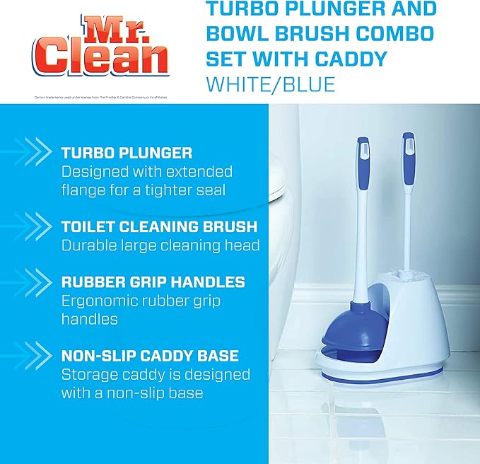 Mr. Clean Toilet Plunger and Bowl Brush Combo with Caddy, 3-Piece Heavy-Duty Plunger, Toilet Brush, and Caddy Set, White/Blue (Pack of 4)