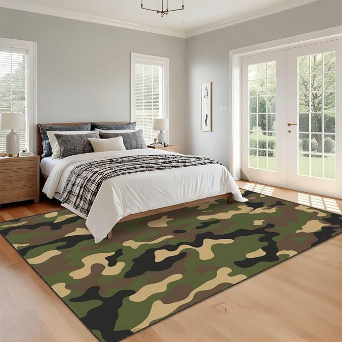 8x10 Area Rugs for Bedroom Boho Washable Man Cave Rug for Living Room Camouflage Green Brown Tan Shades Distinctive Design Soft Rubber Backed Non-Slip Large Carpets for Boys