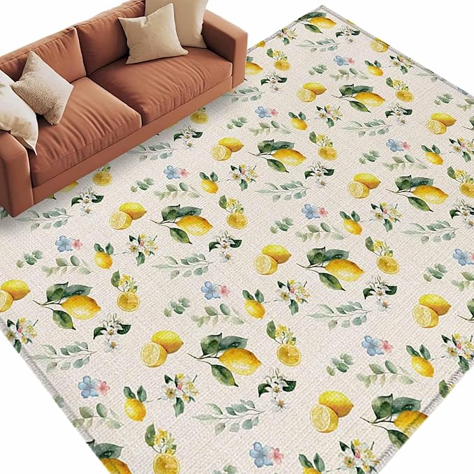 Area Rug 8x10ft, Country Lemon Flower Leaf Washable Rugs for Living Room Bedroom, Pastoral Fruit Plant Vintage Linen Soft Non-Slip Area Rugs Rectangle Floor Carpet for Dining Room