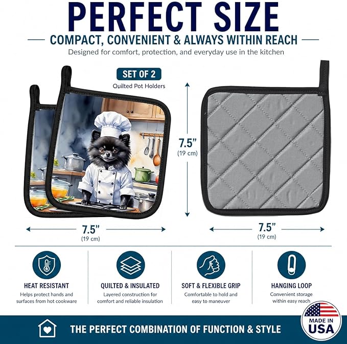 Caroline's Treasures Pomeranian The Chef Pair of Pot Holders Kitchen Heat Resistant Pot Holders Sets Oven Hot Pads for Cooking Baking BBQ, 7 1/2 x 7 1/2