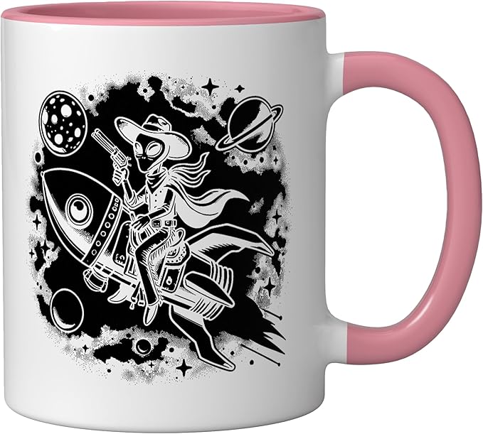 Alien Lover Flying Saucer UFO Extraterrestrial Cowboy Ceramic Mug, Pink/White