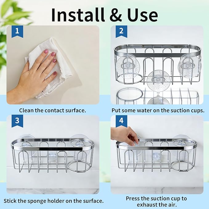 Yazoni 2-in-1 Sponge Holder for Kitchen Sink, Sink Caddy Kitchen Sink Organizer with 3 Suction Cups, No Drill Rustproof Sink Sponge Holder for Dish Brush, Soap & Sponge (Silver)