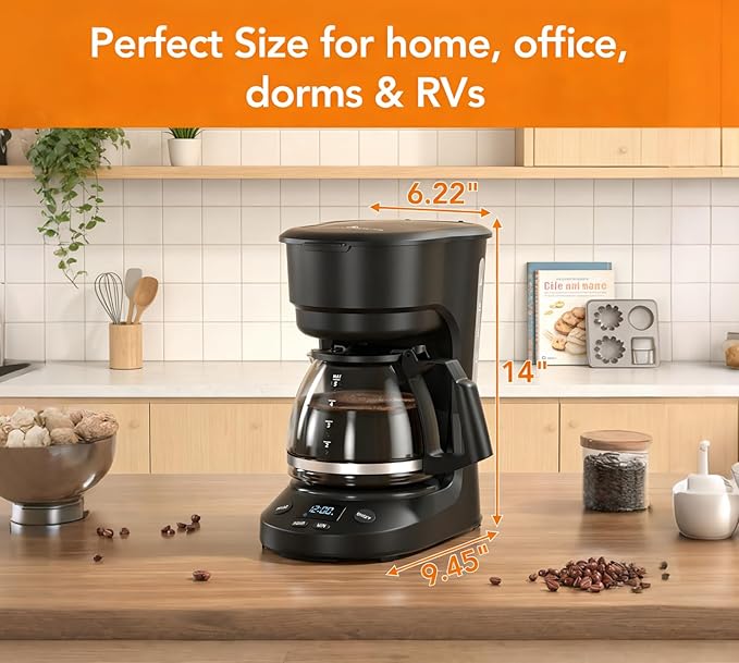 Electactic 5-Cup Drip Coffee Maker, a compact coffee machine with a digital clock and 24-hour programmable timer, featuring Auto Shut-Off, and a Removable Filter Basket for Home & Office-Deep Black
