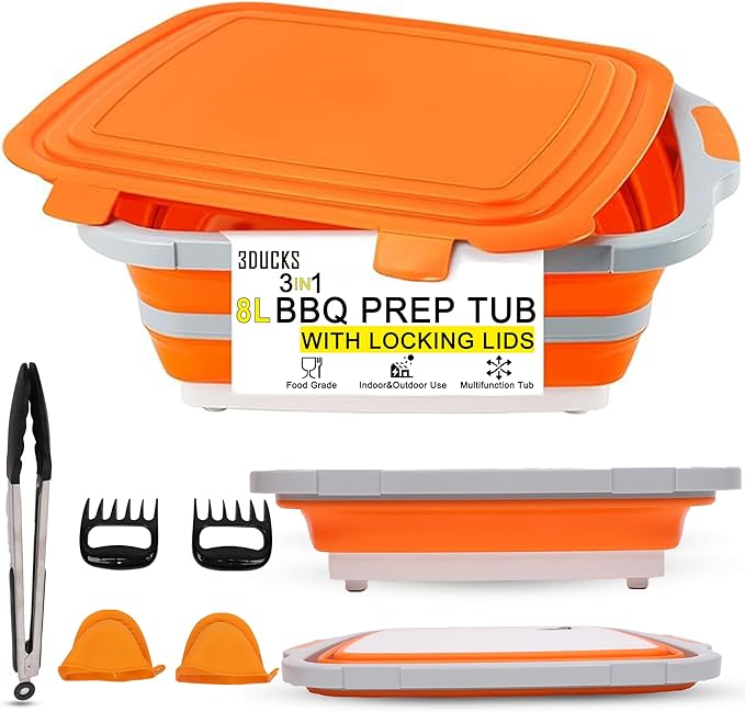 Collapsible BBQ Prep Tub 8L Orange | Portable Meat Marinating Container with Locking Cutting Board Lid, BBQ Tongs, 2 Meat Shredding Claws & 2 Heat-Resistant Grill Gloves for Camping & Grilling
