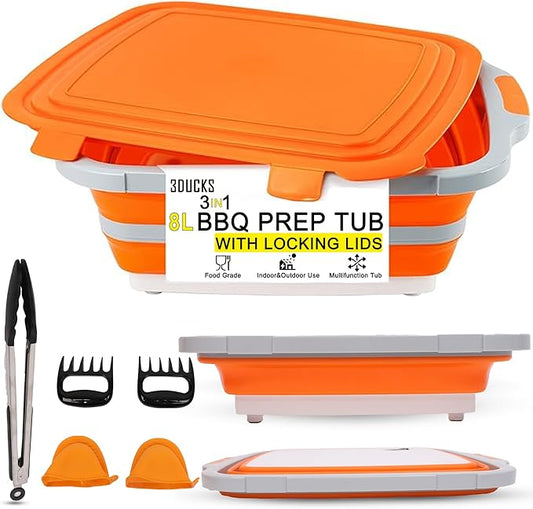 Collapsible BBQ Prep Tub 8L Orange | Portable Meat Marinating Container with Locking Cutting Board Lid, BBQ Tongs, 2 Meat Shredding Claws & 2 Heat-Resistant Grill Gloves for Camping & Grilling