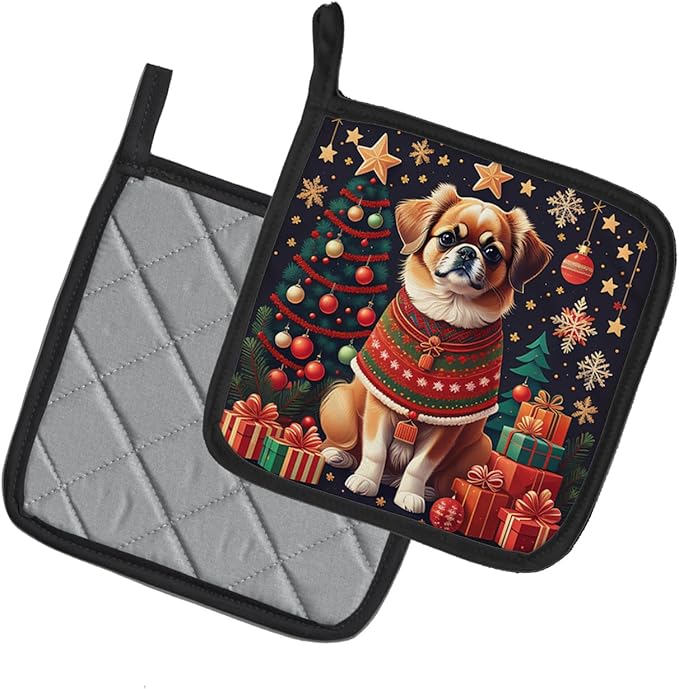 Caroline's Treasures Tibetan Spaniel Christmas Pair of Pot Holders Kitchen Heat Resistant Pot Holders Sets Oven Hot Pads for Cooking Baking BBQ, 7 1/2 x 7 1/2