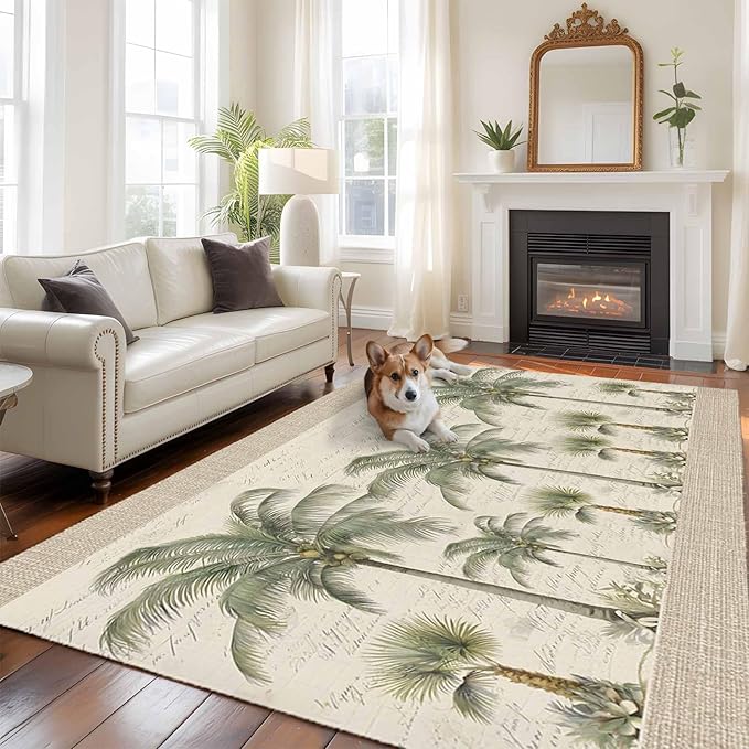Area Rug 8x10ft, Coastal Tropical Olive Green Palm Trees Washable Rugs for Living Room Bedroom, Classic Retro Linen Soft Non-Slip Area Rugs Rectangle Floor Carpet for Dining Room
