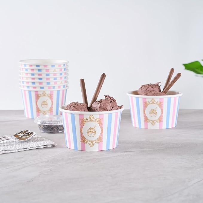 Coppetta 8 Ounce Dessert Cups, 50 Greaseproof Ice Cream Cups - Lids Sold Separately, For Hot And Cold Foods, Pink And Blue Stripe Paper Yogurt Bowls, Disposable, Sturdy - Restaurantware