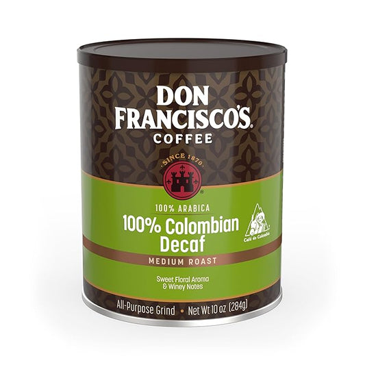 Don Francisco's Premium Decaf Colombia Supremo Ground Coffee: Rich, Aromatic 100% Arabica Beans - Family Crafted Flavored Coffee for a Delightful Morning Brew (10 oz Can)