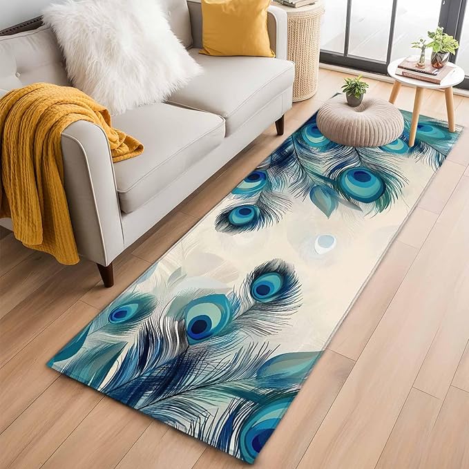 Runner Rug for Bedroom Hallway, Abstract Animal Art Peacock Feather Kitchen Runner Rugs Area Rug 2x6ft, Watercolor Blue Eyes Beige Washable Soft Floor Carpet for Entryway Stair
