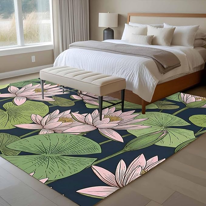 Area Rug 8x10ft, Pink Lotus Water Lily Dark Green Leaves Washable Rugs for Living Room Bedroom, Oriental Style Soft Non-Slip Area Rugs Rectangle Floor Carpet for Dining Room