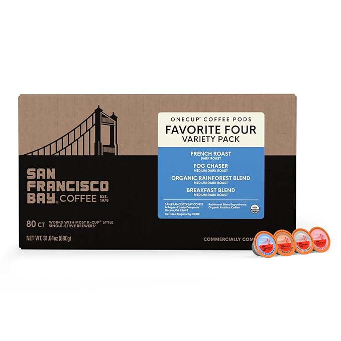 San Francisco Bay K-Cup Coffee Pods Favorite Four Variety Pack (80 ct), Includes French Roast, Fog Chaser, Organic Rainforest, & Breakfast Blend, Commercially Compostable Single-Serve Coffee Pods