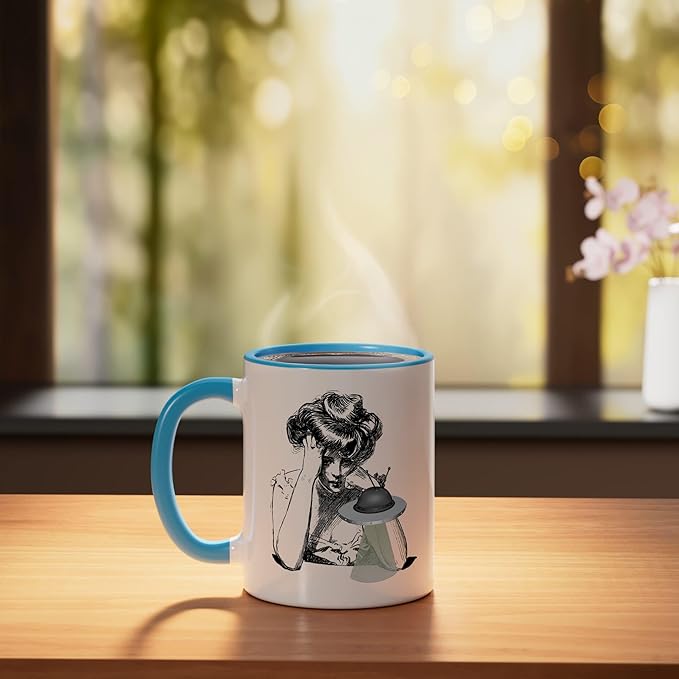 Girl with Alien Flying Saucer UFO Ceramic Mug, Blue/White