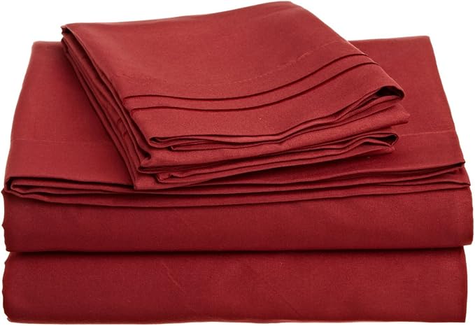 Lamma Loe Silky Soft Luxurious Supreme Microfiber 4-Piece Sheet Set with Embroidered Pillow Cases, King, Burgundy Red