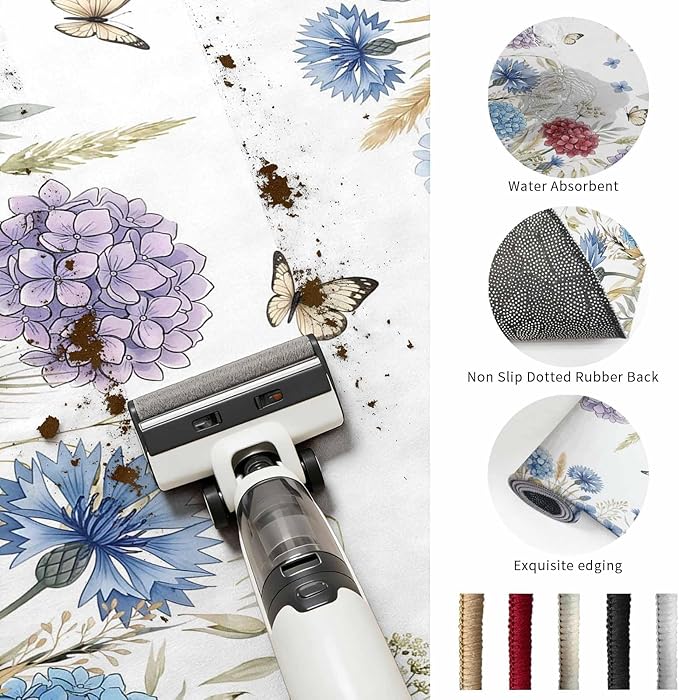 Area Rug 4x6ft, Watercolor Hydrangea Flower Washable Rugs for Living Room Bedroom, Garden Floral Butterfly Leaves Soft Non-Slip Area Rugs Rectangle Floor Carpet for Dining Room