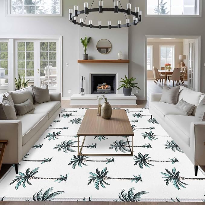 Area Rug 9x12ft, Tropical Palm Trees Washable Rugs for Living Room Bedroom Rectangle Floor Carpet, Green and White Soft Non-Slip Area Rugs for Dining Room