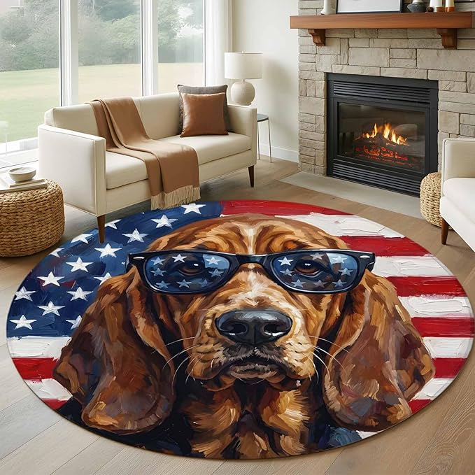 Washable Round Area Rug Independence Day USA Flag Circle Rugs Floor Carpet for Living Room Bedroom, Basset Hound Patriotic Sunglasses Soft Non Slip Round Rug 5ft