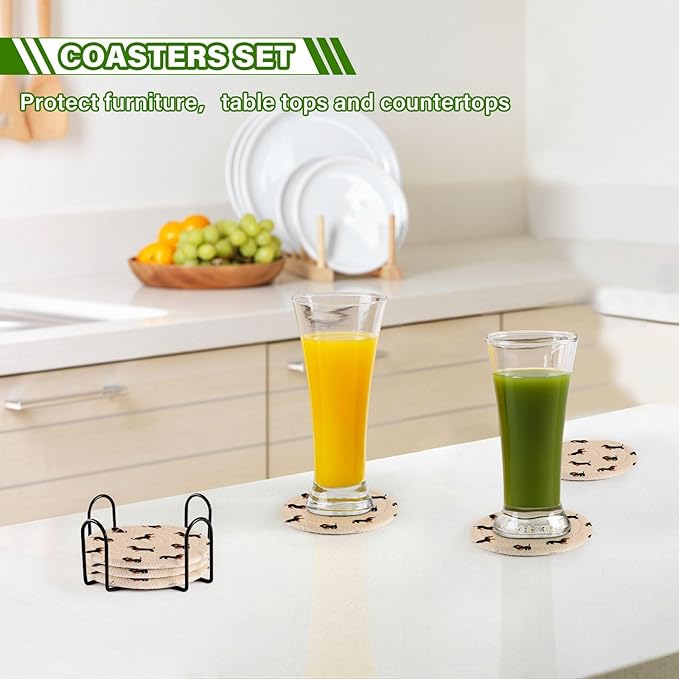 YETTASBIN Cute Dachshund Dog 6 Pcs Drink Coasters with Holder, Cotton Woven Absorbent Heat-Resistant Round Coaster Non-Slip Table Mat for Kitchen Bar Home Decor Housewarming Gift, 3.9 in