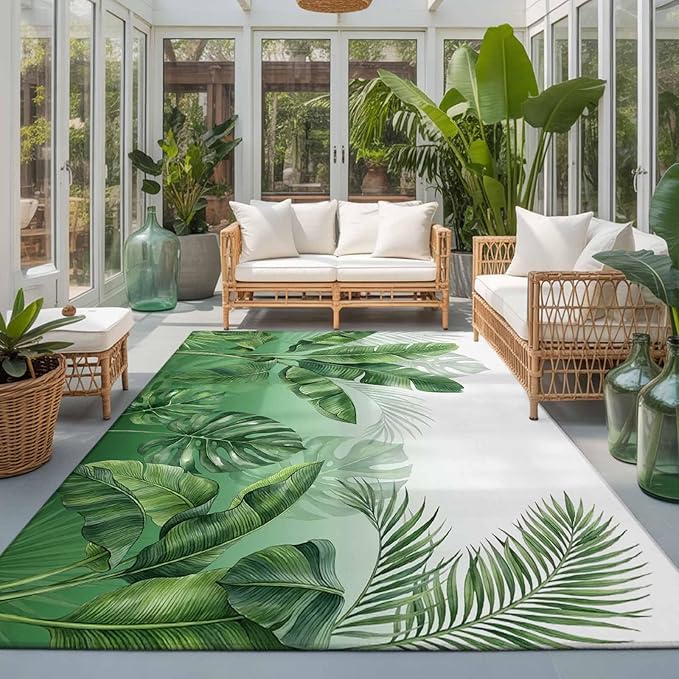 Area Rug 3x5ft, Botanical Rainforest Plants Washable Rugs for Living Room Bedroom, Watercolor Tropical Banana Leaves Soft Non-Slip Area Rugs Rectangle Floor Carpet for Dining Room
