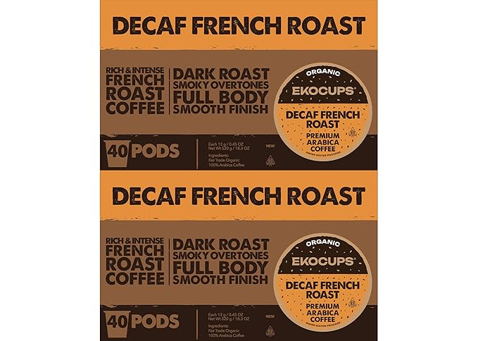 EKOCUPS Organic Swiss Water Decaf French Roast Coffee Pods, Extra 30% More Coffee Per Cup, Artisan Fair Trade Dark Roast, Decaf French Roast for Keurig K Cup Machines, Recyclable Pods, 80 Count