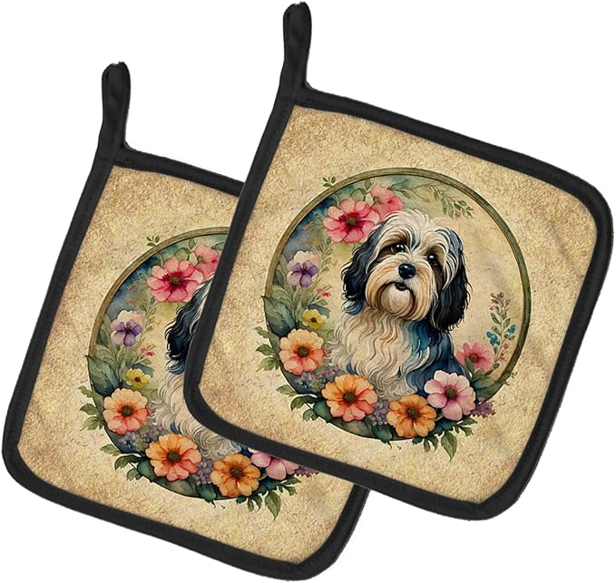 Caroline's Treasures Havanese and Flowers Pair of Pot Holders Kitchen Heat Resistant Pot Holders Sets Oven Hot Pads for Cooking Baking BBQ, 7 1/2 x 7 1/2