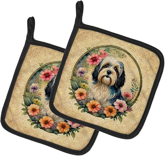 Caroline's Treasures Havanese and Flowers Pair of Pot Holders Kitchen Heat Resistant Pot Holders Sets Oven Hot Pads for Cooking Baking BBQ, 7 1/2 x 7 1/2